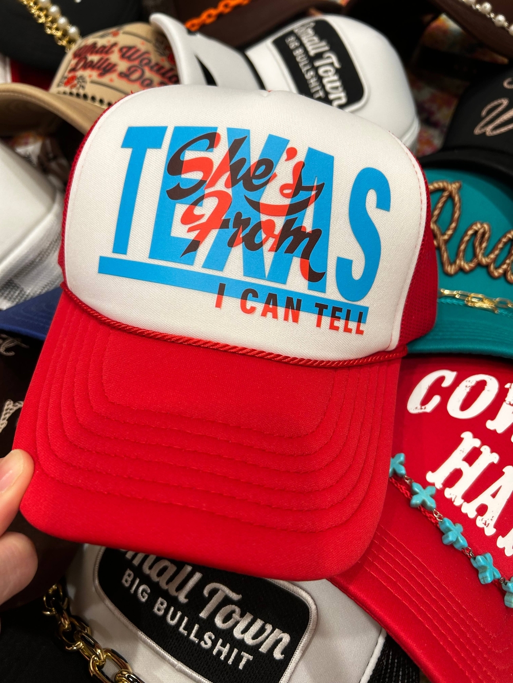 Red and White 'She's From Texas' Trucker Hat